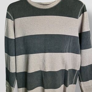 ROEBUCK & CO Mens Striped LS Thermal Waffle Knit Shirt XL Gray Beige 100% Cotton